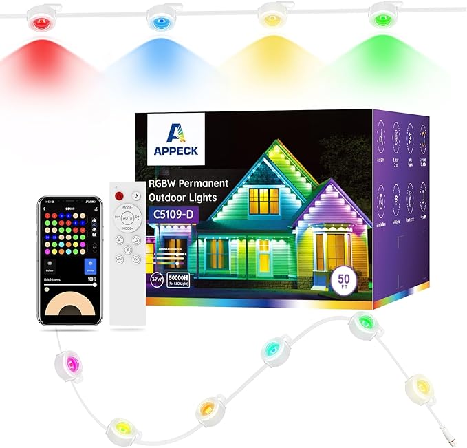 APPECK Permanent Outdoor Lights 50ft with 36 RGBW LEDs, 111 Scene Modes, Eaves Lights with 40lm Warm White, for Daily Holiday House Decor, App/Voice/Remote Control, White APPECK