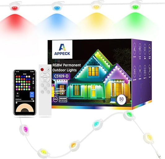 APPECK Permanent Outdoor Lights 50ft with 36 RGBW LEDs, 111 Scene Modes, Eaves Lights with 40lm Warm White, for Daily Holiday House Decor, App/Voice/Remote Control, White APPECK