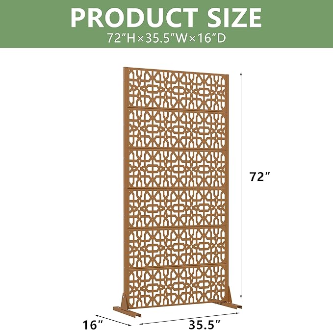 Casaphoria Metal Privacy Screen Outdoor, 72" H x 35" W Freestanding Decorative Privacy Screen for Patio Deck Balcony Garden with Stable Base, Brown-Perilla Casaphoria