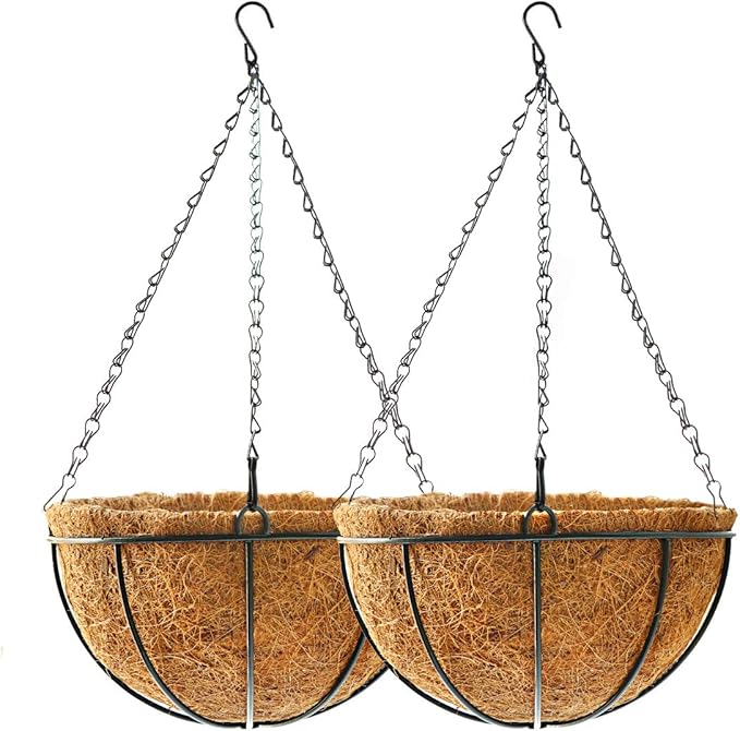 Hanging Plant Basket Flower Holder (2pack, 16 inch)-Metal Wire Round Hanging Basket Planter with Coco Fiber Liners for Plants Flower Pots Outdoor Garden Porch and Balcony Decor TOOCMEUK