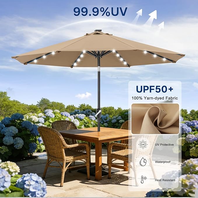 ABCCANOPY Durable Solar Led Patio Umbrellas with 32LED Lights 9FT (khaki) ABCCANOPY