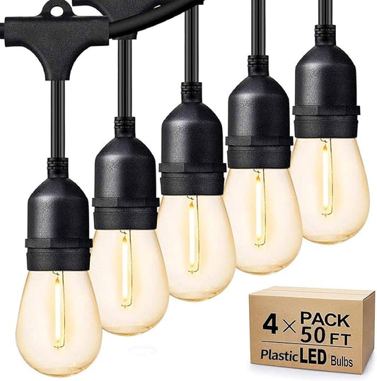 Svater Outdoor String Lights 200 FT, E26 Socket, 64pc S14 Shatterpoof Bulbs, 1 Watt Dimmable 2700K Warm White, IP65 Waterproof Commercial Grade Patio Light (4 Pack X 50FT) Svater
