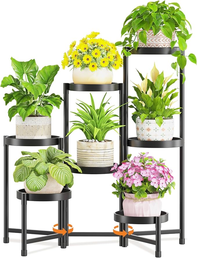LASZOLA 7 Tiered Folding Tall Plant Stand Indoor for Multiple Large Planter, Heavy Duty Metal Adjustable Flower Rack for Narrow Corner, Sturdy Vertical Spiral Shelving Holder for Modern House, Black LASZOLA