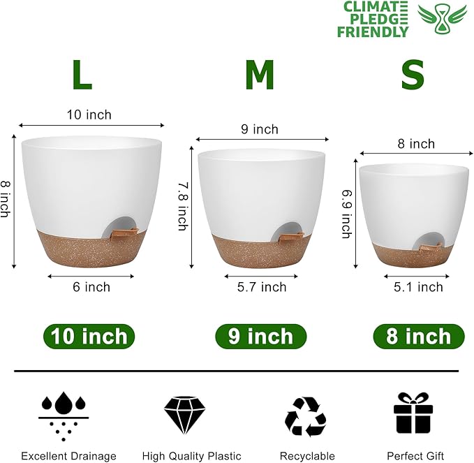 Plant Pots 10/9/8 Inch Self Watering Pots, Set of 3 Plastic Planters with Drainage Holes and Saucers,Plastic Flower Pots,Nursery Planting Pot for Indoor Out Door Plants（White） QRRICA