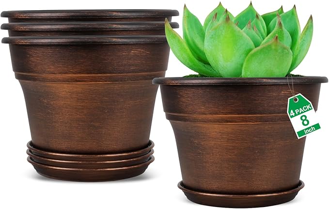 Plant Planters Pots Set of 4 Pack 8 Inch, Plastic Flower Pot For Indoor Plants With Drainage Holes & Trays, Resin Decorative Container Sets With Saucer For House Outdoor Garden Planters Copper Fodetyff
