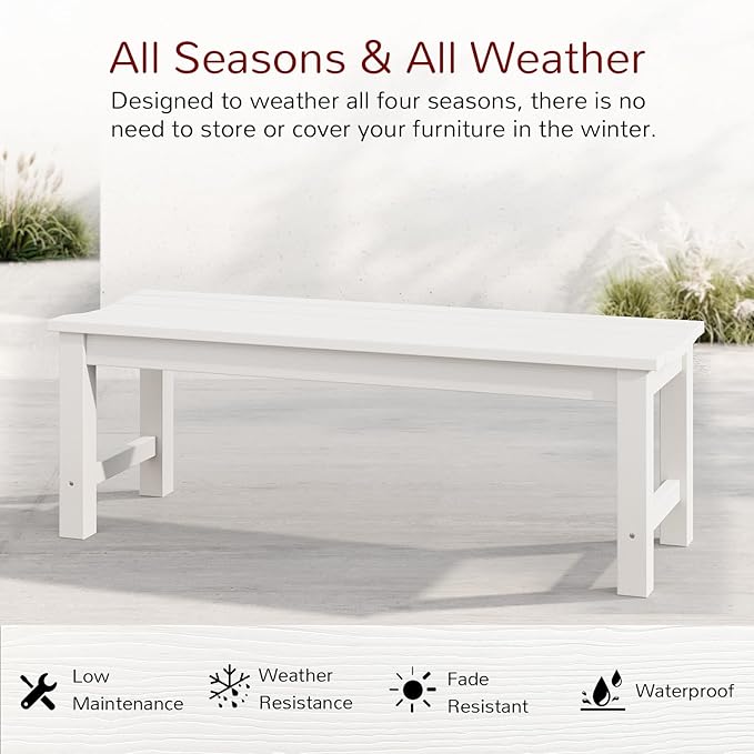 Stoog Outdoor Bench, 2-Person Patio Backless Bench, All-Weather HIPS Garden Bench with 800 lbs Weight Capacity, Never Rot or Fade, for Backyard, Porch and Park, White Stoog