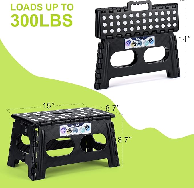 Delxo Folding Step Stool for Kids and Adults,15-Inch Extra Wide 9 Inch Height Heavy Duty Stepping Stool More Safe and Comfortable Non Slip Foldable Step Stool Black Delxo
