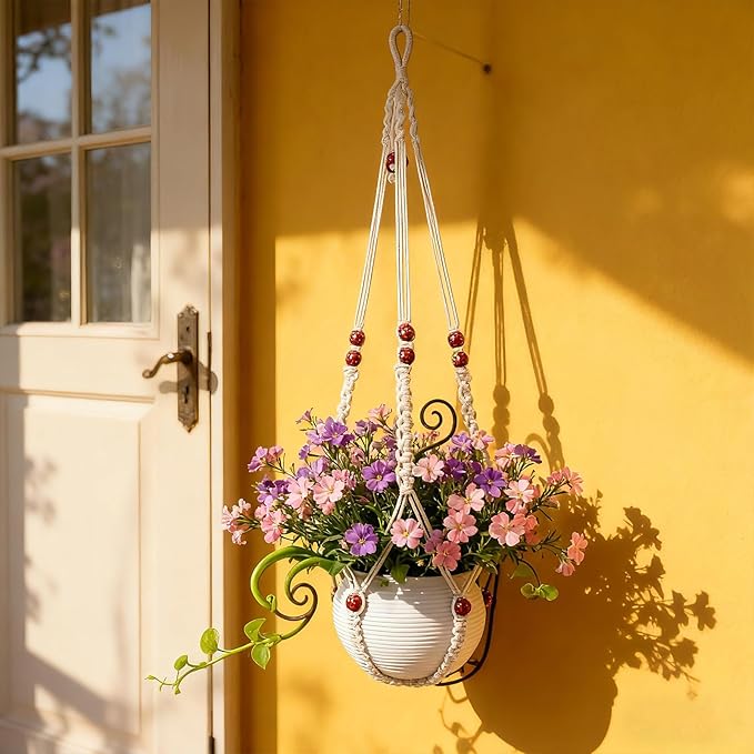 35 Inch Macrame Plant Hanger, Large for up to 15 Inch Pot Extra Long Hanging Planter Holder Basket with Wood Beads for Indoor Outdoor Home Decor (Ivory, 1-Pack) Rootora