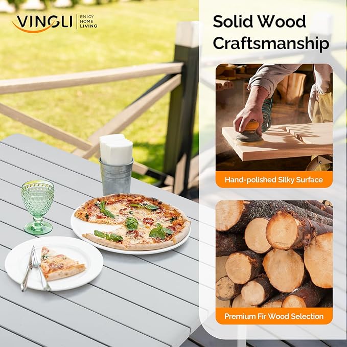 VINGLI Rectangular Outdoor Dining Table, Solid Cedar Wood Patio Table for 4-6 People, Waterproof Garden Table for Yard, Deck, Poolside (Gray) VINGLI