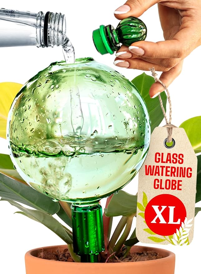 16 Oz Plant Watering Globes for Indoor Plants with Metal Self Watering Planter Insert - Premium XL Glass Hand-Blown Globe - Automatic Plant Waterer Indoor, Gift Idea for Gardeners [1 Globe, Green] GARDENBRO