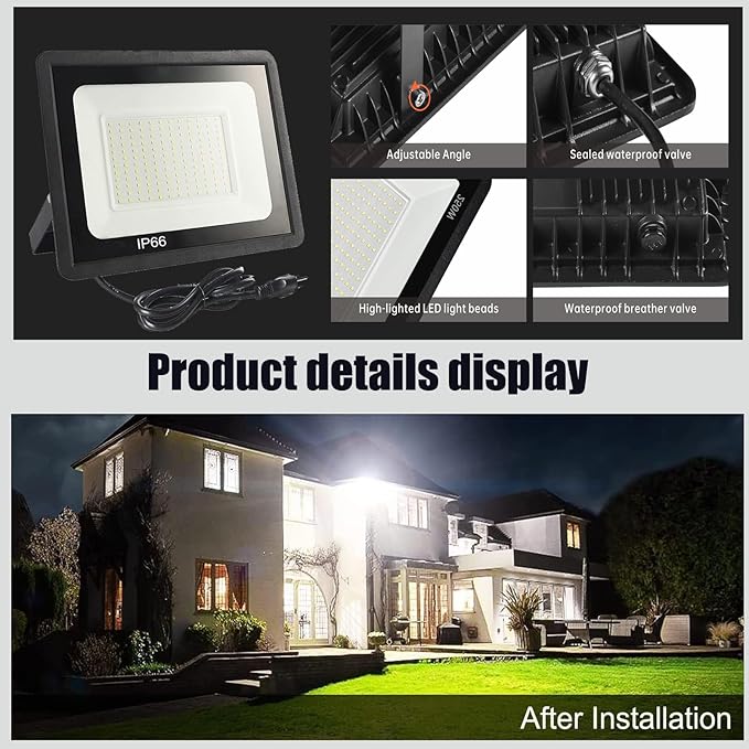 4Pack LED Flood Light Outdoor,250W LED Work Light 25500lmwith 6FT US Plug,IP66 Waterproof Exterior Security Lights,6000K Daylight White Outside Floodlights Slim Design for Playground Yard MUCLUD