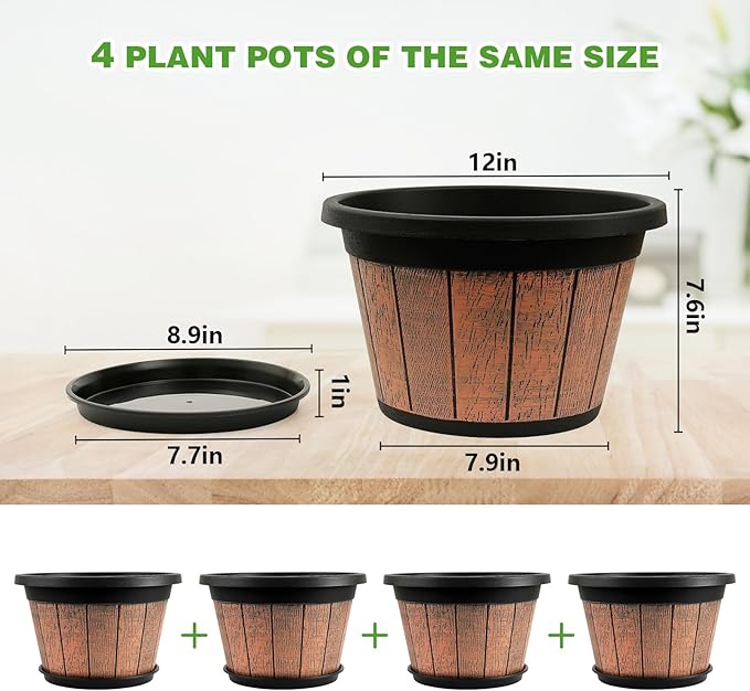 Quarut 4 Pack 12 inch Plant Pots,Whiskey Barrel Planters with Drainage Holes & Saucer,Plastic Decoration Flower Pots Retro Design,Planters for Outdoor Indoor Garden Home Plants (Brown) Quarut