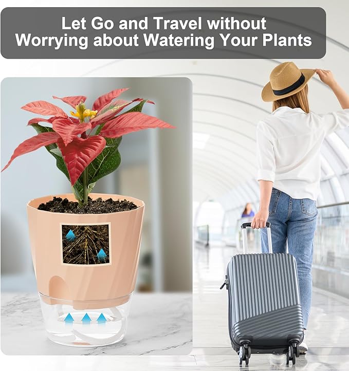 KIMCHOMERSE Self Watering Plant Pots, 6 Inch Plant Pots 6-Pack Indoor Planter Pots with Drainage Holes and Tray for Home Decor（2White, 2Pink, 2Blue） KIMCHOMERSE
