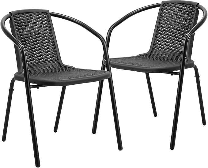 VINGLI PE Rattan Outdoor Dining Chairs Set of 2, Plastic Stackable Patio Chairs for Indoor, Porch, Restaurant, Garden, Black VINGLI