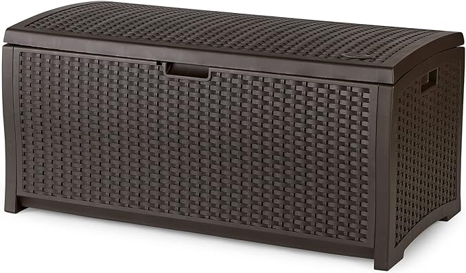 Suncast Outdoor Storage Box - 73 Gallon Mocha Brown Deck Box for Patio, Waterproof Outdoor Storage Bench, Resin Wicker Style, Heavy-Duty, Lockable Lid for Cushions, Shoes, Pool & Garden Gear Suncast