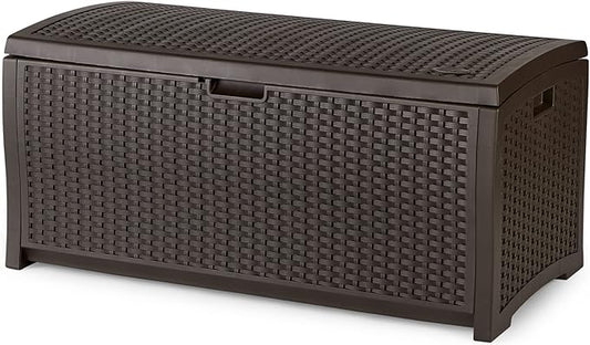 Suncast Outdoor Storage Box - 73 Gallon Mocha Brown Deck Box for Patio, Waterproof Outdoor Storage Bench, Resin Wicker Style, Heavy-Duty, Lockable Lid for Cushions, Shoes, Pool & Garden Gear Suncast