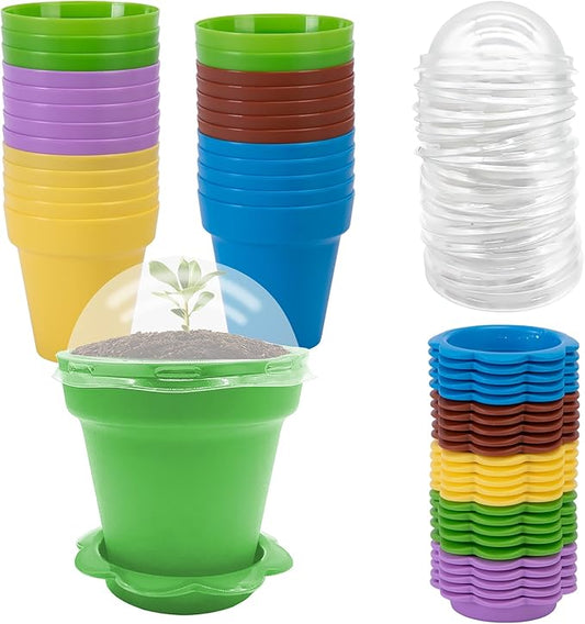 PURPLE STAR 1N 25 Packs Cupcake Plant Nursery Pots with Humidity Dome-Small Flower Pots for Kids-Planting Containers Cups for Indoor Outdoor Plant Succulent Display (Mixed Color) PurpleStar