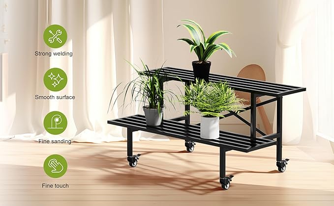Zhongma 2 Tier Sturdy Metal Plant Stand with Wheels, L35.43 x W17.5 x H16.14 inch, Heavy Duty Plant Holder for Home Indoor and Outdoor,440 LBS Capacity & Heavy Duty Construction Zhongma