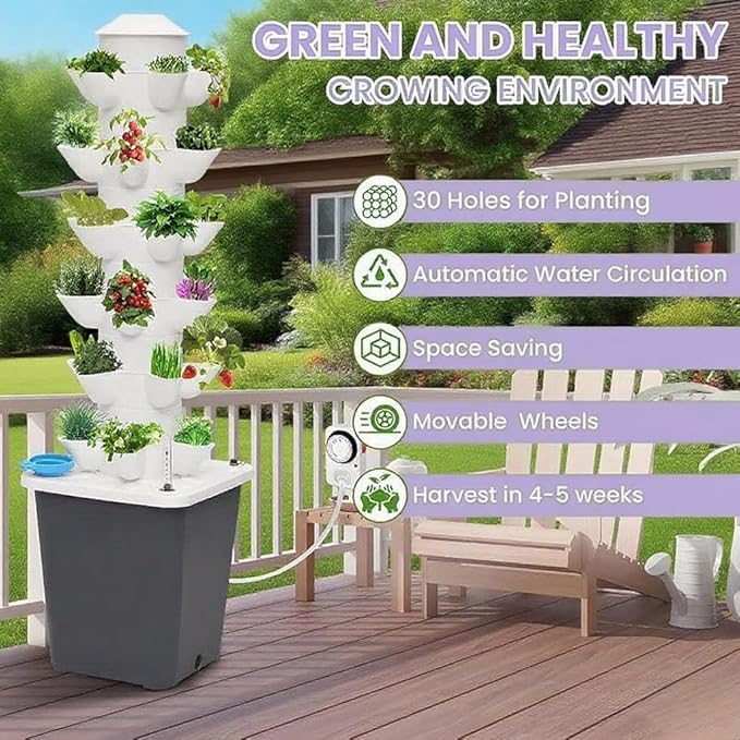 Hydroponics Growing System, 30 pods Hydroponics Tower Growing System Indoor Vertical Garden Planter Indoor Smart Garden Kit with Pump and Movable Water Tank Vegetable Plant Gift for Gardening Lover Rootora