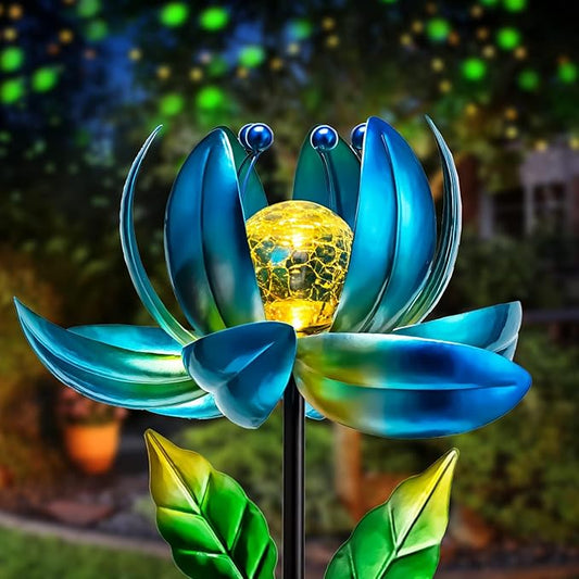 Solar Garden Lights Metal Flower Decor, Colorful Spinning Windmill Lotus Pathway Ligths with LED Cracked Crystal Ball Outdoor Decorative Stake Lighting Waterproof Flower Sculpture for Patio Yard AIINY