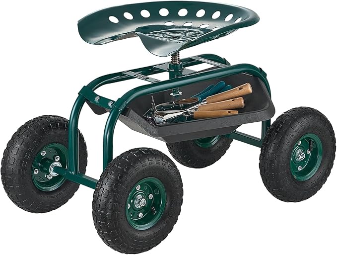 VEVOR Rolling Garden Cart with Swivel Seat, Heavy Duty Garden Seat with Storage Basket & Tool Tray, 300 lbs Weight Capacity, Outdoor Utility Gardening Stool Scooter for Lawn Yard Planting Weeding VEVOR