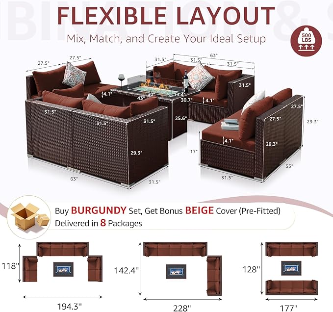 NICESOUL Modern 9 Pcs Patio Sectional Sofa Set with Fire Pit Natural Gas/Propane, Extra Large Outdoor Furniture Sets, 29.3'' High Back Deep Seats Conversations 8 Seater, Brown Rattan and Red Cushion NICESOUL