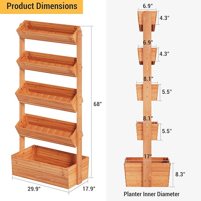 Vertical Wooden Raised Garden Bed Planters Wood Planter Kit Plant Stand Flower Rack Planter Box Gardening for Plants Herbs Flowers Vegetables Outdoor Indoor Freestanding (Orange 5-Tier) RHINEINMIST