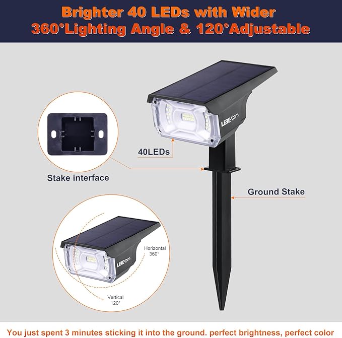 Solar Spot Lights, IP65 Waterproof 40 LEDs Landscape Spotlights,USB & Solar Powered Wall Lights Dark Sensing Auto On/Off,3 Modes Outdoor Solar Garden Lights for Yard Porch 2 Pack LEREKAM