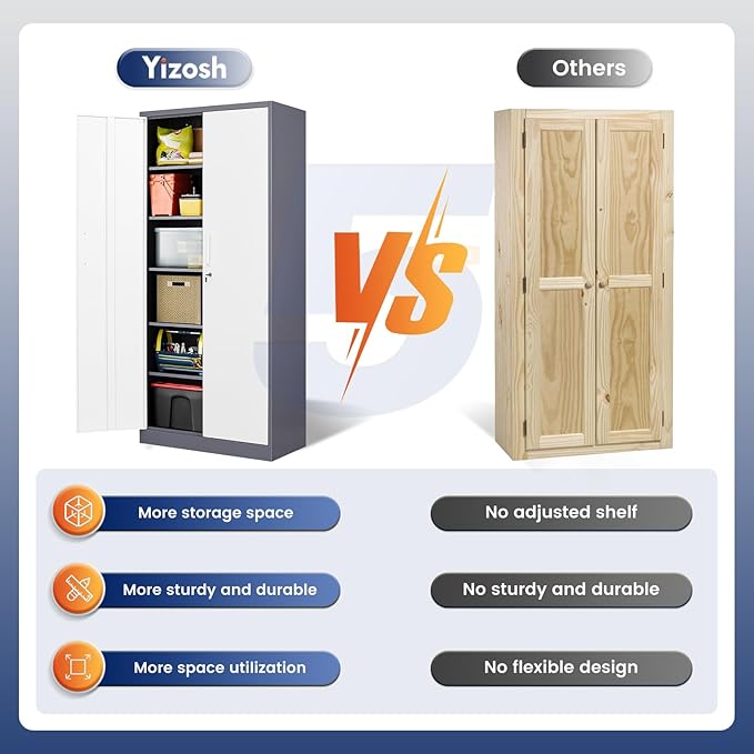 Yizosh Metal Garage Storage Cabinet with 2 Doors and 5 Adjustable Shelves - 71" Steel Lockable File Cabinet,Locking Tool Cabinets for Office,Home,Garage,Gym,School (Gray White) Yizosh