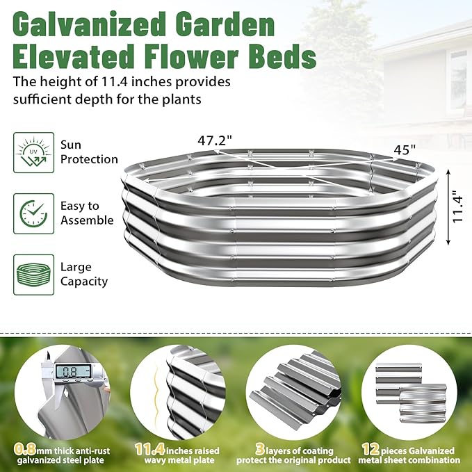 Hexagon Raised Garden Bed, 48 Inch Diagonal & 12 Inch Tall, Galvanized Steel Planter Box with Wave-Shaped Metal Panels for Outdoor Flower,Tree,Herb & Vegetable Garden (Silver, 4FT X 1FT) Rootora