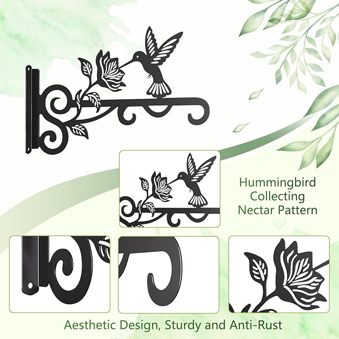 4-Pack Aesthetic Plant Hangers Outdoor – 10 Inch Metal Hanging Plant Bracket with Beautiful Hummingbird Pattern – Anti Rust Plant Hooks for Hanging Plants, Bird Feeder, Windchime, Lantern Rootora