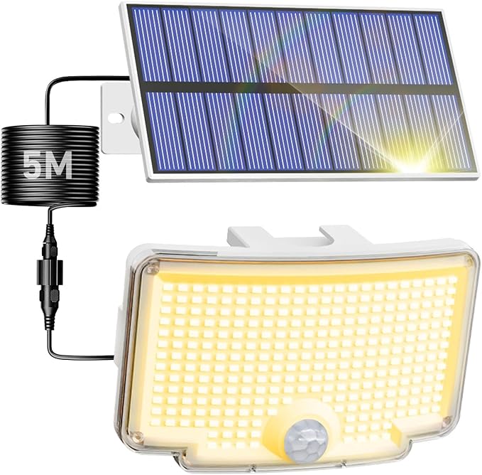 Peasur 1 Pack Solar Motion Lights Outdoor, 318 LED Solar Security Light with 3 Modes, IP65 Waterproof Powered Flood Lights for Outside Garden Backyard，Warm (White Frame) Peasur