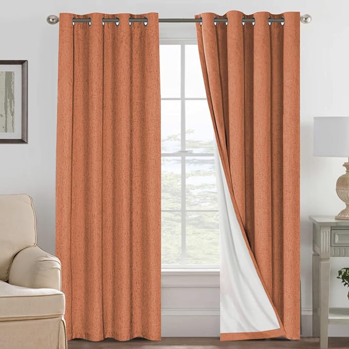 H.VERSAILTEX 100% Blackout Curtains for Bedroom Thermal Insulated Linen Textured Curtains Heat and Full Light Blocking Drapes Living Room Curtains 2 Panel Sets, Orange, 52x96 Inch HVERSAILTEX