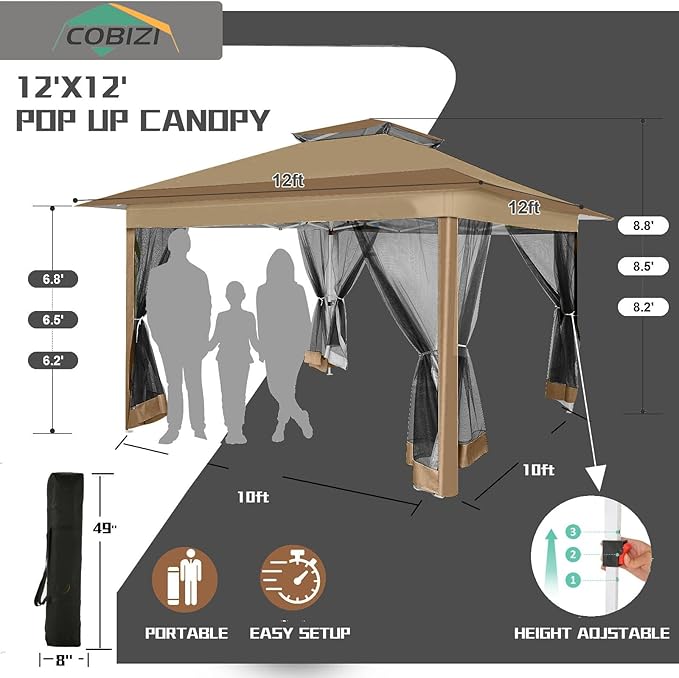 COBIZI 12x12 Pop Up Gazebo On Clearance Canopy Tent- Upgrade Metal Outdoor Canopy Waterproof - Portable Gazebo with Mosquito Nettings, 4 Ropes 8 Stakes and Carry Bag for Patio Garden(Coffee) COBIZI
