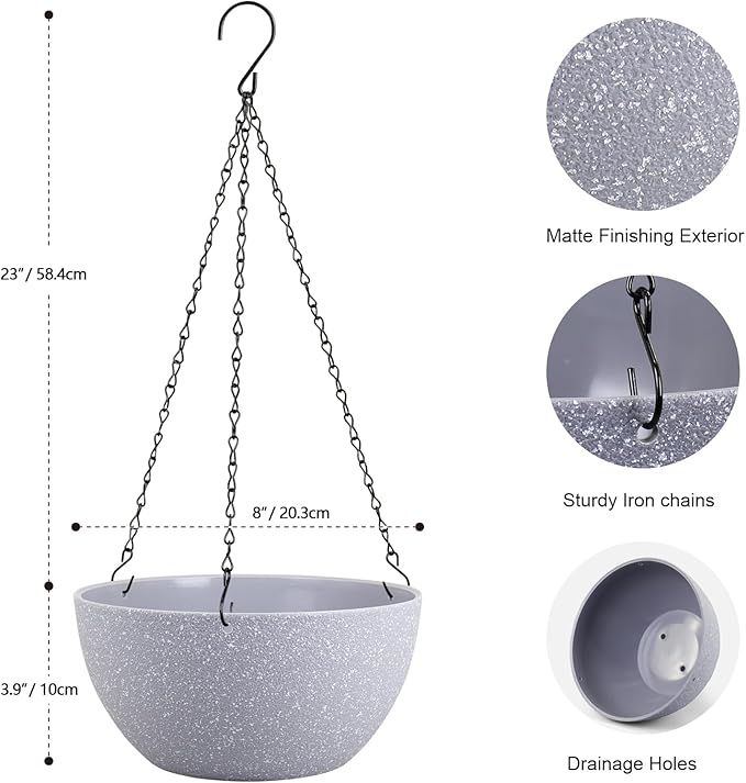 8 inch Small Hanging Planters for Indoor Outdoor Plants, 2 Pack Hanging Flower Pots with Drainage Holes and Chain for Garden Porch, Plastic Hanging Baskets for House Plants, Speckled Grey Meowell