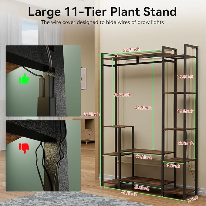 Plant Stand Indoor with Grow Lights 11 Tiered Wood Indoor Plant Shelf 62" Tall Plant Stand Metal Frame for Indoor Plants Multiple Flower Pot Holder, Large Plant Rack for Living Room Patio Corner Rootora