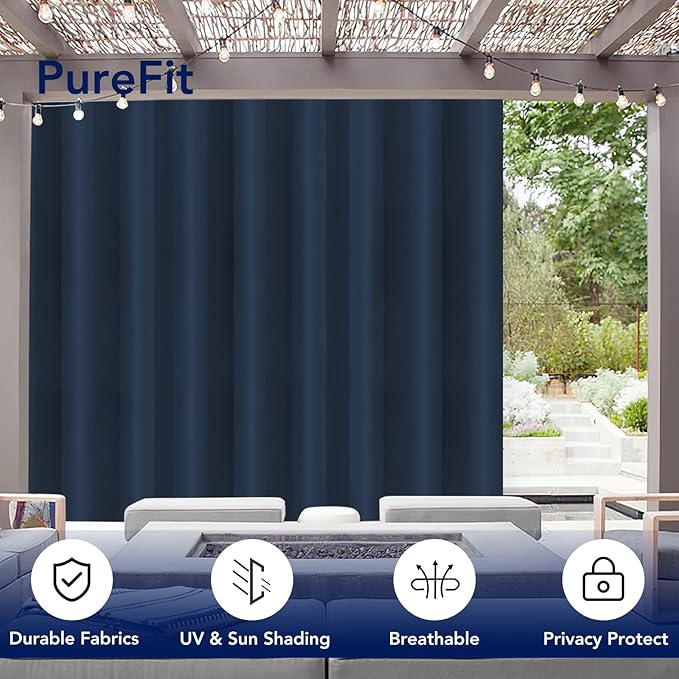 PureFit Outdoor Curtains for Patio Waterproof Weatherproof, UV Resistant Outside Curtains for Gazebo, Front Porch, Pergola, Sun Blocking Privacy Curtain, 120W x 108L inch, 1 Panel, Navy Blue PureFit