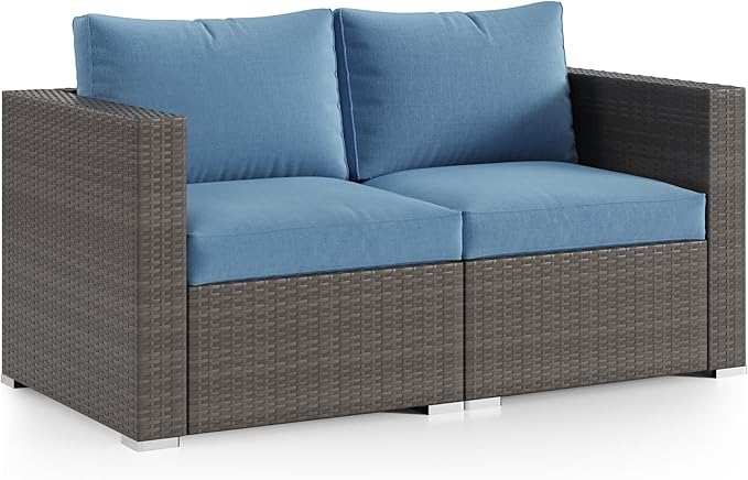 Wisteria Lane Patio Furniture Set, 2 Pieces Wicker Outdoor Furniture Patio Couch with Washable Cushions, Oversized Outdoor Sectional for Garden, Poolside, Backyard, Blue WisteriaLane