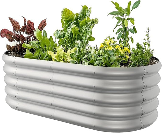 4x2ft Oval Galvanized Raised Garden Bed Kits 16" Tall Outdoor Large Metal Modular Planter Box 9-in-1 Raised Beds for Gardening,Vegetables,Fruits,Flowers & Herbs (Silver) IDEAFAMILY