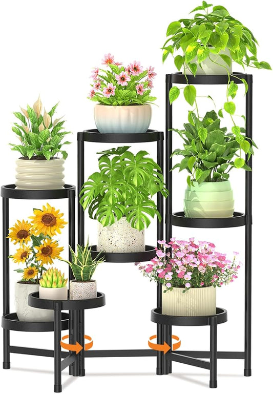 LASZOLA 8 Tiered Folding Plant Stand Indoor for Multiple Large Planter, Tall Heavy Duty Adjustable Rack with Rust Proof Plastic Shelving, Sturdy Vertical Tree Organizer for Narrow Inside Floor, Black LASZOLA