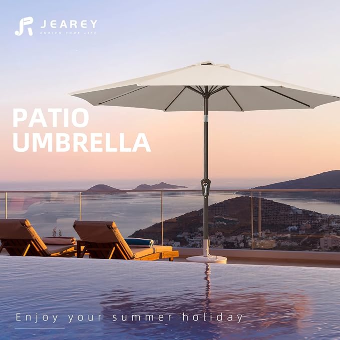 JEAREY 9FT Outdoor Patio Umbrella Outdoor Table Umbrella with Push Button Tilt and Crank, Market Umbrella 8 Sturdy Ribs UV Protection Waterproof for Garden, Deck, Backyard, Pool (Beige) JEAREYOutdoorsCollection