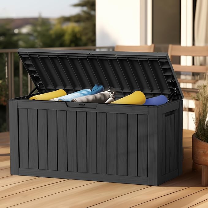 80 Gallon Outdoor Deck Box, Lockable Waterproof Outdoor Storage Boxes For Garden Tools,Indoor Cushions,Accessories Outside Storage Resin Weatherproof Container(Black) MAIUSCOLI