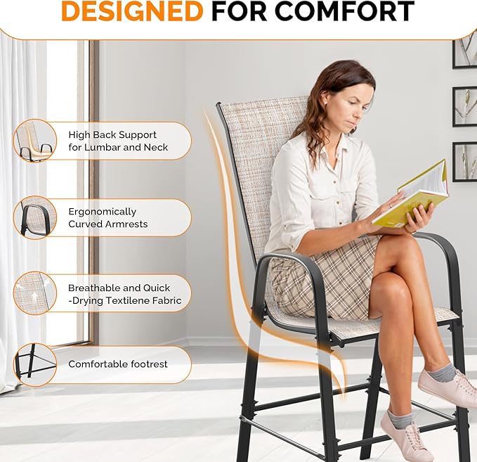VINGLI Outdoor Bar Chairs Set of 8 – Stackable Outdoor Bar Stools with Sturdy Sling High Back and Armrests for Lawn, Courtyard, Garden, Bar, Yellow VINGLI