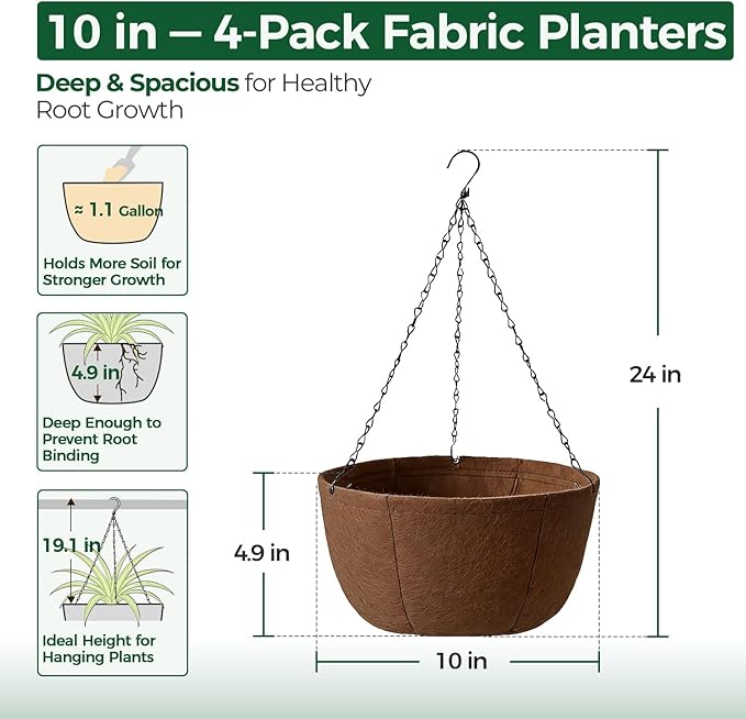T4U Hanging Planters for Outdoor Plants, 10 Inch 4 Pack Fabric Hanging Baskets with Drainage Tray, Decorative Hanging Pots for Plants Outdoor Patio Porch Garden Use（Brown） T4U