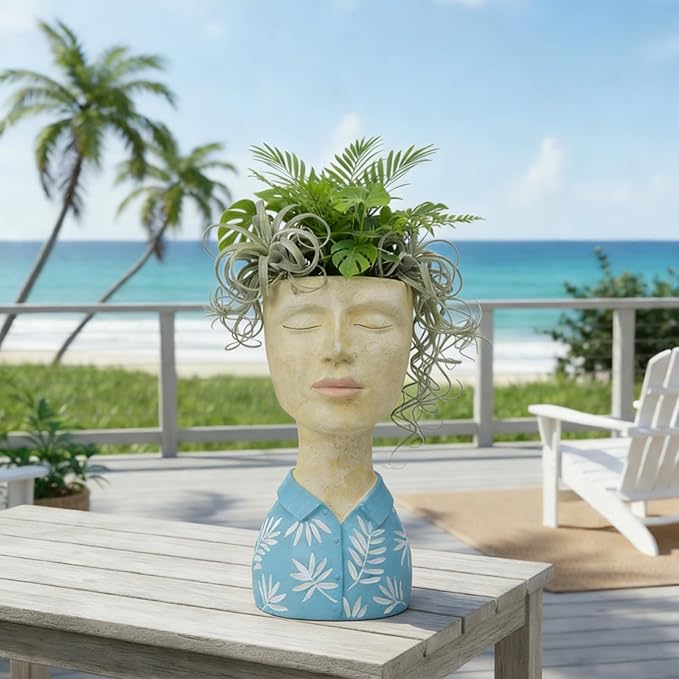 DiliComing Face Planter Pot Head Planter - Resin Blue Boy Head Planters for Indoor Outdoor Plants Decorative Flower Pot for Garden Home Office Bust Sculpture Plant Stand 5x6x10.5 Inch DiliComing