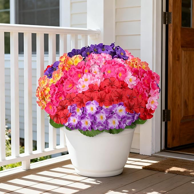 Artificial Geraniums Flowers for Outdoors, 6 Bundles Realistic Silk Fake Geranium, No Fade Faux Plants for Hanging Baskets, Window Boxes, Pots - Porch, Patio, Garden Decor(6 Color) AmberFun