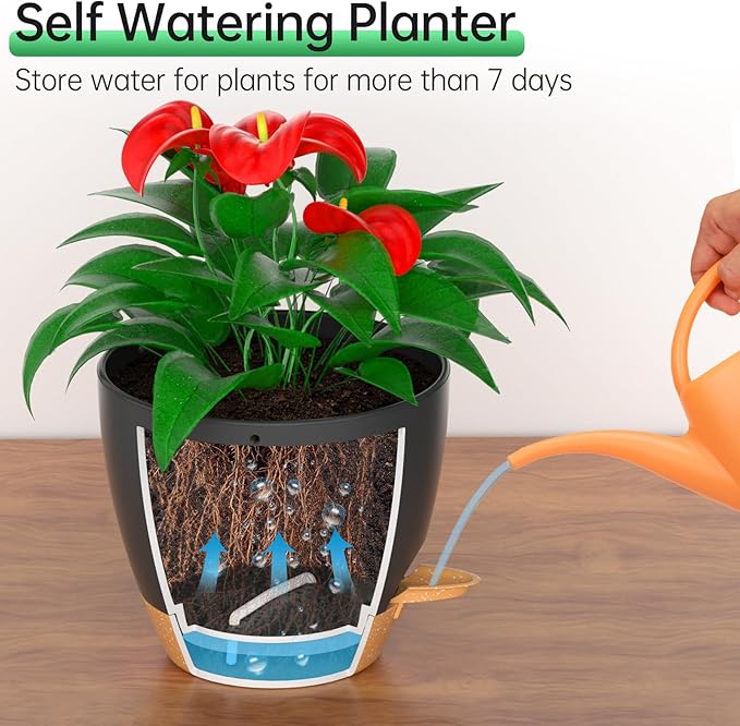 ZMTECH 8 Inch Hanging Planters for Indoor Outdoor Plants, 2 Pack Self Watering Hanging Plant Pots with Drainage Holes and Removable Saucer, Plastic Flower Hanging Pots with Watering Lip (Black) HighQualityGardeningTools