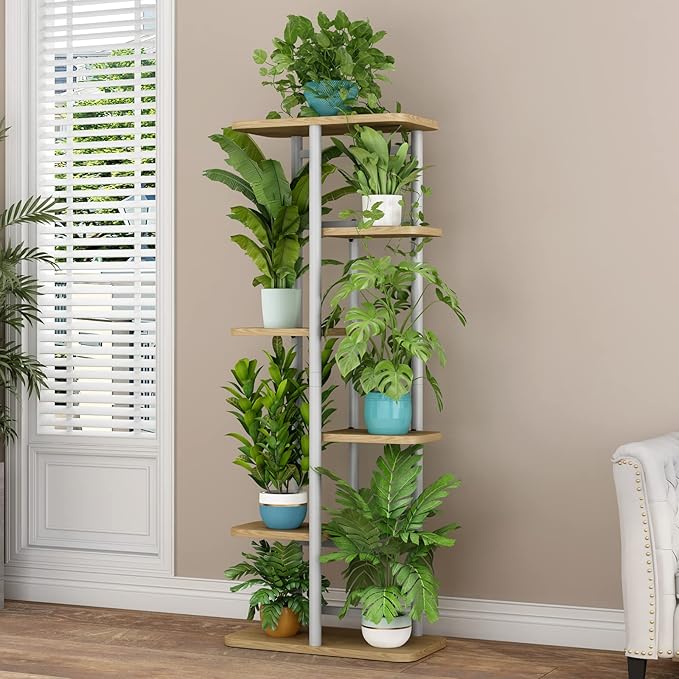 LINZINAR Plant Stand 6 Tier 7 Potted Multiple Flower Pot Holder Shelf Indoor Outdoor Planter Display Shelving for Patio Garden Corner Balcony Living Room (6 Tier-7 Potted, White) LINZINAR