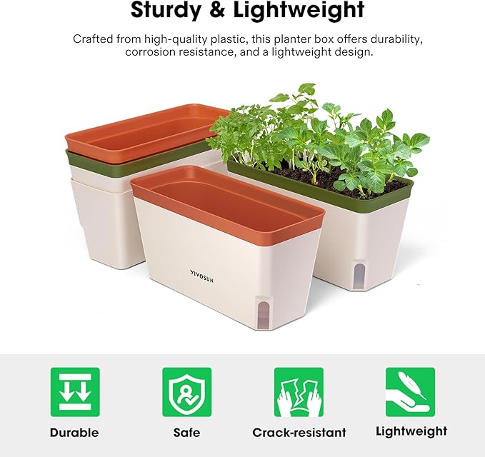 VIVOSUN Self-Watering Planters, 8-Pack 10.5 Inch Compact Rectangular Window Herb Planter Box with 10 PCS Plant Labels, Plant Container for Basil, Flowers, Succulents, Indoor & Outdoor VIVOSUN