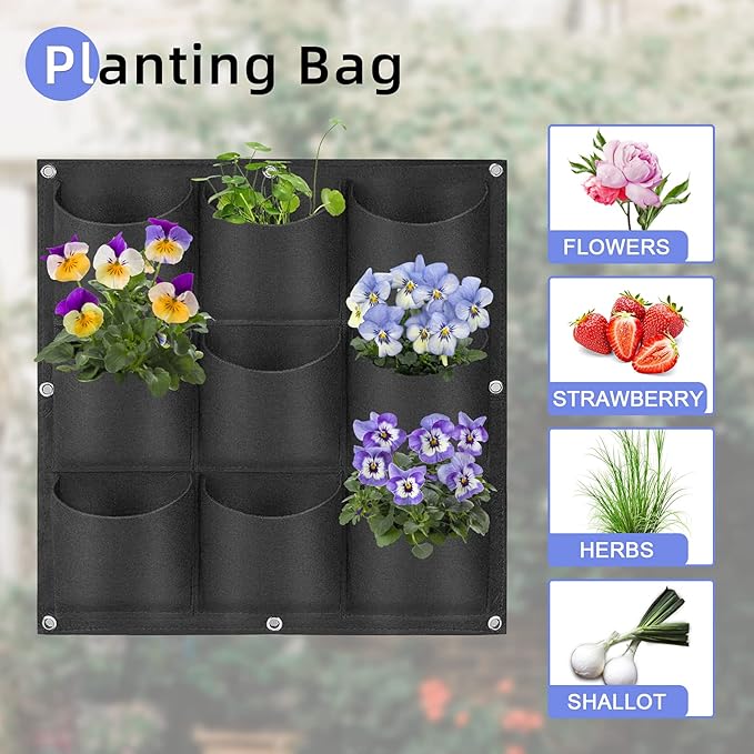 9 Pockets Hanging Planter Bags, Hanging Vertical Wall Mounted Plant Planting Grow Bags, Herb Garden Planter Outdoor Indoor Growing Bag, Gardening Vertical Greening Flower Container(0.5m×0.5m, Black) Pehciroe